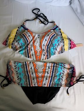Gibson Latimer Multicolor Tribal Stripe Swim Top with Teal Accents